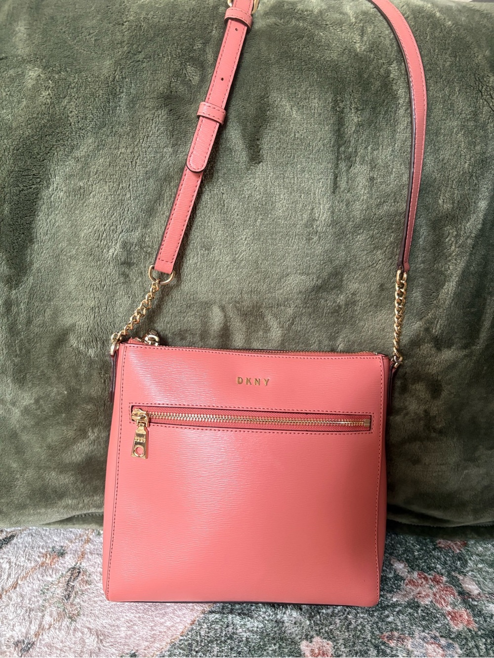 DKNY Coral-Pink Leather Crossbody with Gold Chain Strap